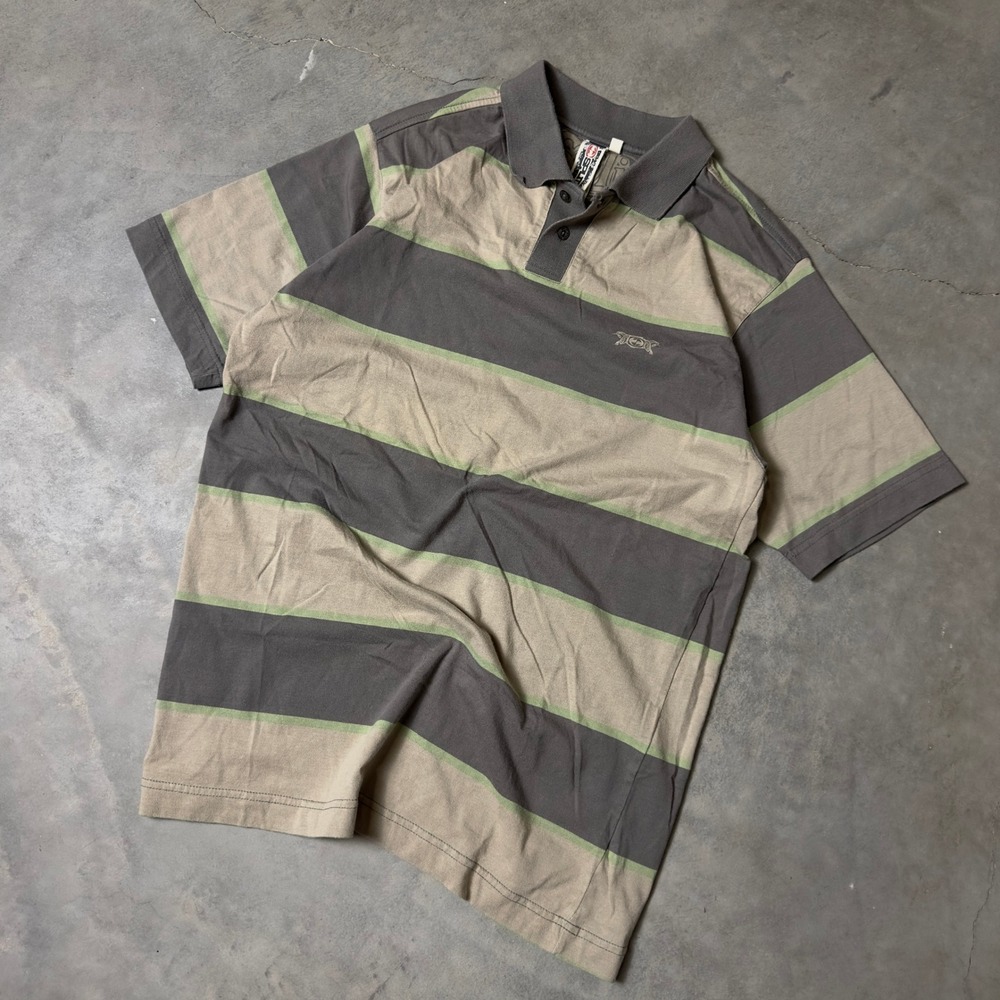 Vintage Split Polo Shirt Mens Large Gray Tan Striped Y2K Skate Streetwear